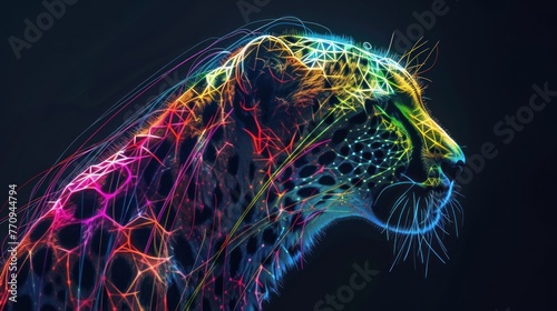 Abstract 3d colorful hologram cheetah animal drawing in dark background. AI generated photo