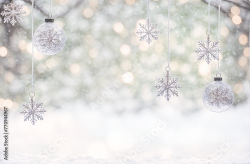 Hanging Snowflakes and Christmas Baubles Decoration with a snowy bokeh winter background.
Generative AI