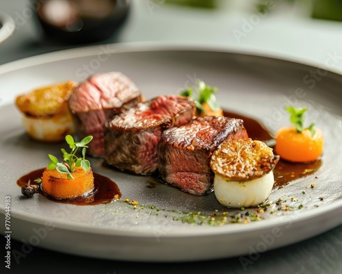 Perfectly cooked beef fillet slices paired with seared scallops on a modern ceramic plate.