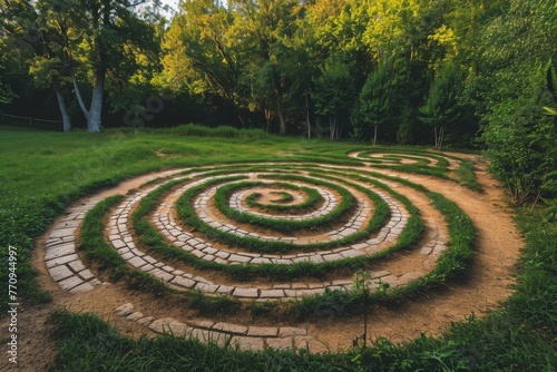 A circular garden design featuring various flowers and plants located in the center of an open field, A labyrinth symbolizing the struggle of overcoming opioid addiction, AI Generated