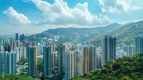 Modern city buildings view with high mountain landscape. AI generated image