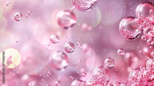 Beautiful transparent cosmetic pink gas bubbles water. AI generated image