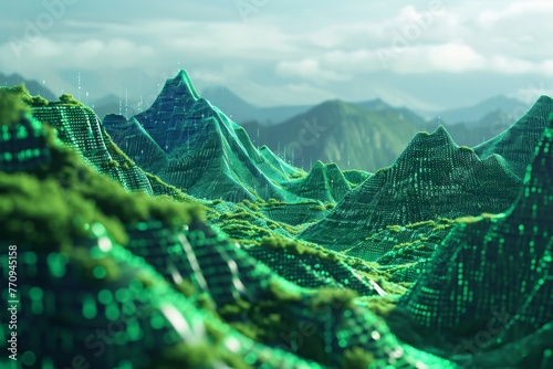 This computer-generated image showcases the grandeur of a mountain range with its towering peaks and rugged landscape, A landscape filled with mountains made of 1's and 0's, AI Generated