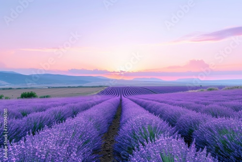 A vibrant lavender field with a colorful sunset as the backdrop  A landscape of a stunning lavender field beneath a clear twilight sky  AI Generated