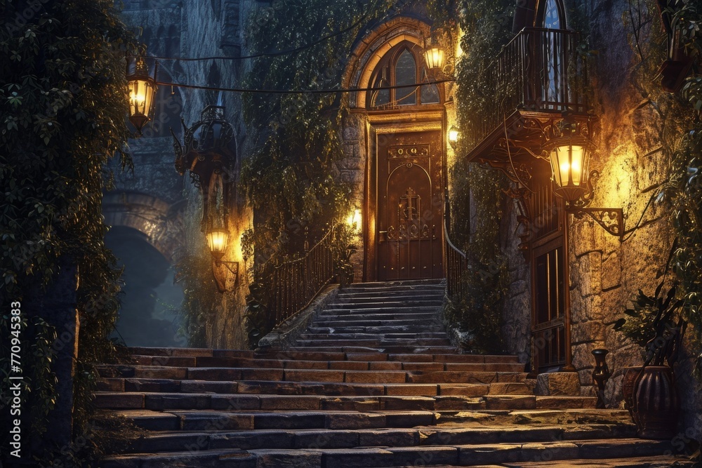 Majestic Staircase Leading Up to Castle, A lantern-lit walkway leading up to a charming old-world castle, AI Generated