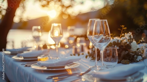 Luxury outdoor wedding dinner table set sparkling glassware and pristine white plates. AI generated
