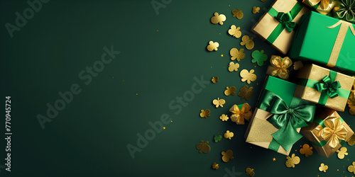 Caixas de presente verdes presentes verdes com fita de ouro no fundo de bokeh e luzes de férias presentes em um fundo escuro papel de embrulho brilhante aniversário ano novo clima de férias laço de ou photo