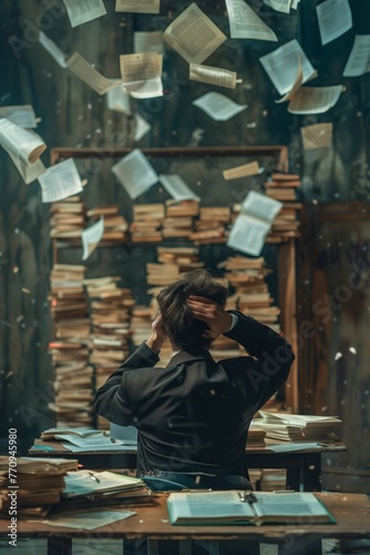 Person in the office appears desperate, holding their head while piles of documents clutter the desk, with papers flying around the room. The concept depicts overload and excessive work.