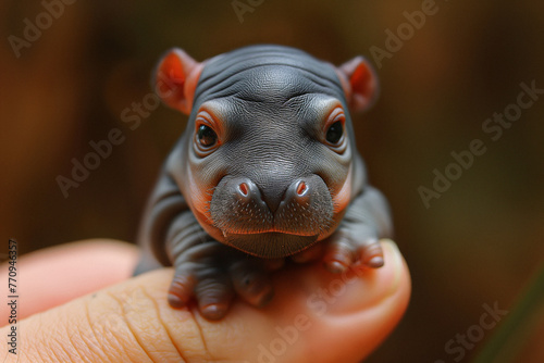 Nestled comfortably in the cradle of a human hand, a perfectly crafted hippopotamus figurine—boasts intricate details that bring the charm of the wild into an astonishingly small scale. 