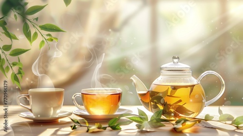 Hot tea drink in cup with teapot and green tea leaves in nature background. AI generated image