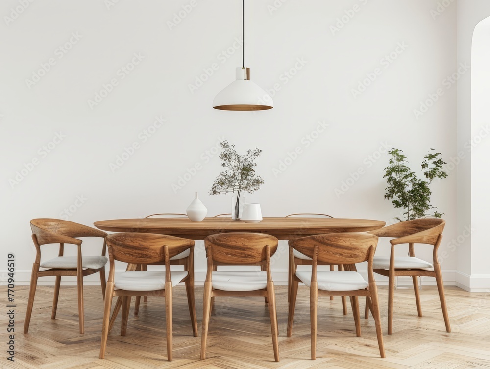 Modern dining table with chairs against a white wall mockup, with a wooden floor and a modern pendant lamp on top of the oval shaped oak wood table Modern dining table with chairs against a white wall mockup, with a wooden floor and a modern pendant lamp on top of the oval shaped oak wood table