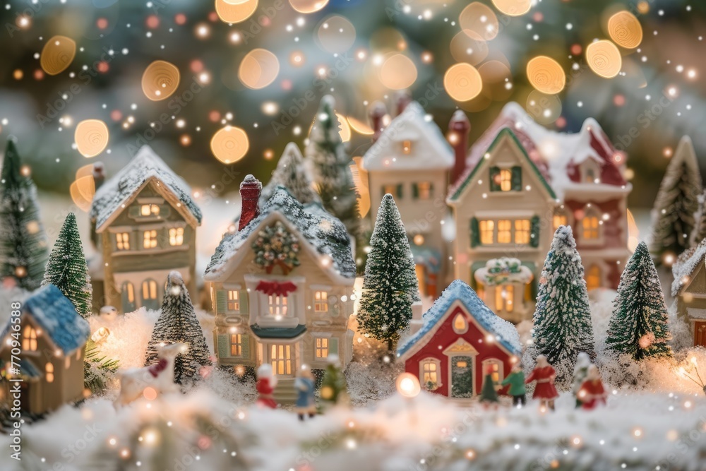 Festive Christmas village with miniature houses and trees covered in snow