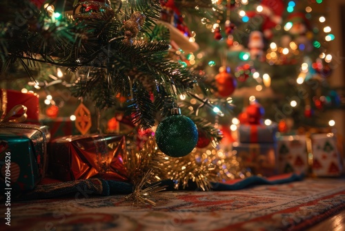 A closeup view of a Christmas tree adorned with ornaments  tinsel  and lights  with wrapped presents underneath it