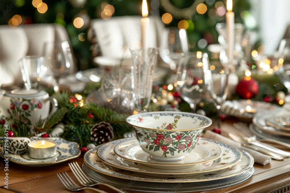A high-angle view of a table set for Christmas with silverware, elegant china, glassware, and candles, surrounded by festive decorations