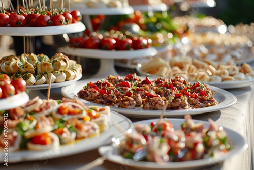 A buffet table overflowing with plates of appetizers and snacks, showcasing a variety of delicious food offerings ready to be enjoyed