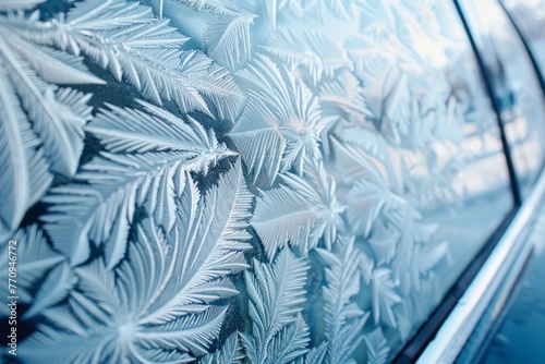 Detailed view of abstract frost patterns covering a cars frosted window  creating intricate designs