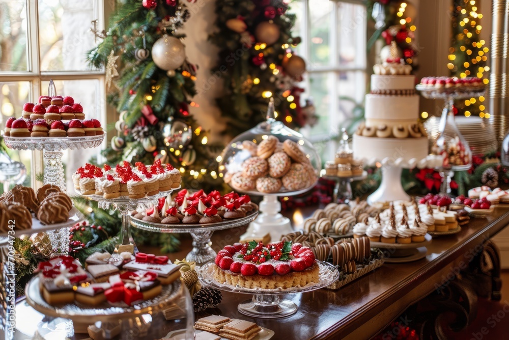 A holiday dessert table adorned with Christmas-themed treats such as cookies, candies, and cakes, offering a delightful array of sweet indulgences