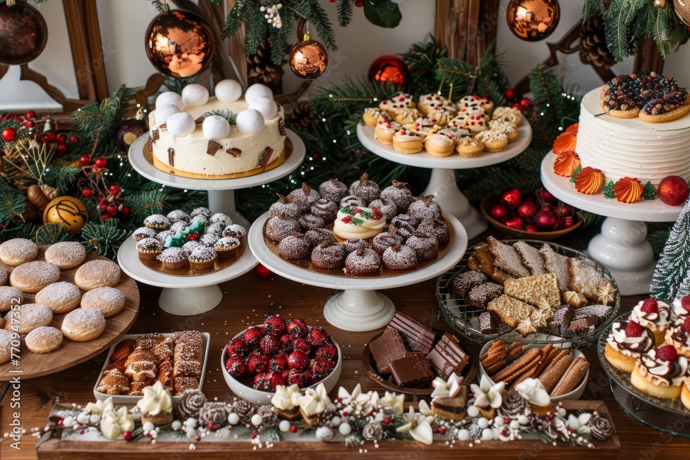 A table displaying an array of Christmas-themed cakes, cookies, and candies for a holiday celebration