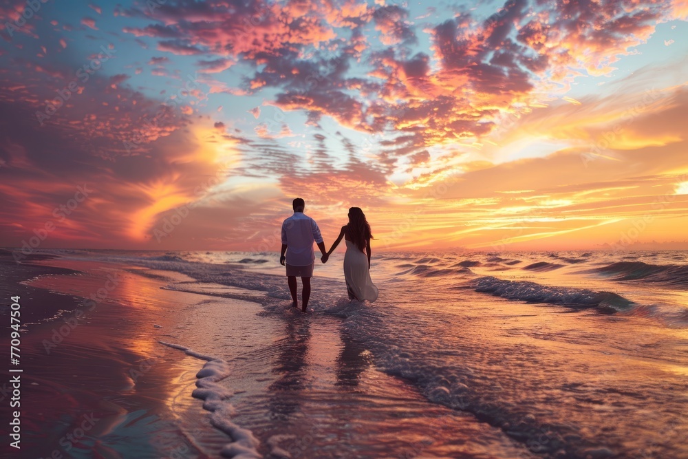 A couple holding hands, strolling along the beach at sunset with vibrant hues painting the sky