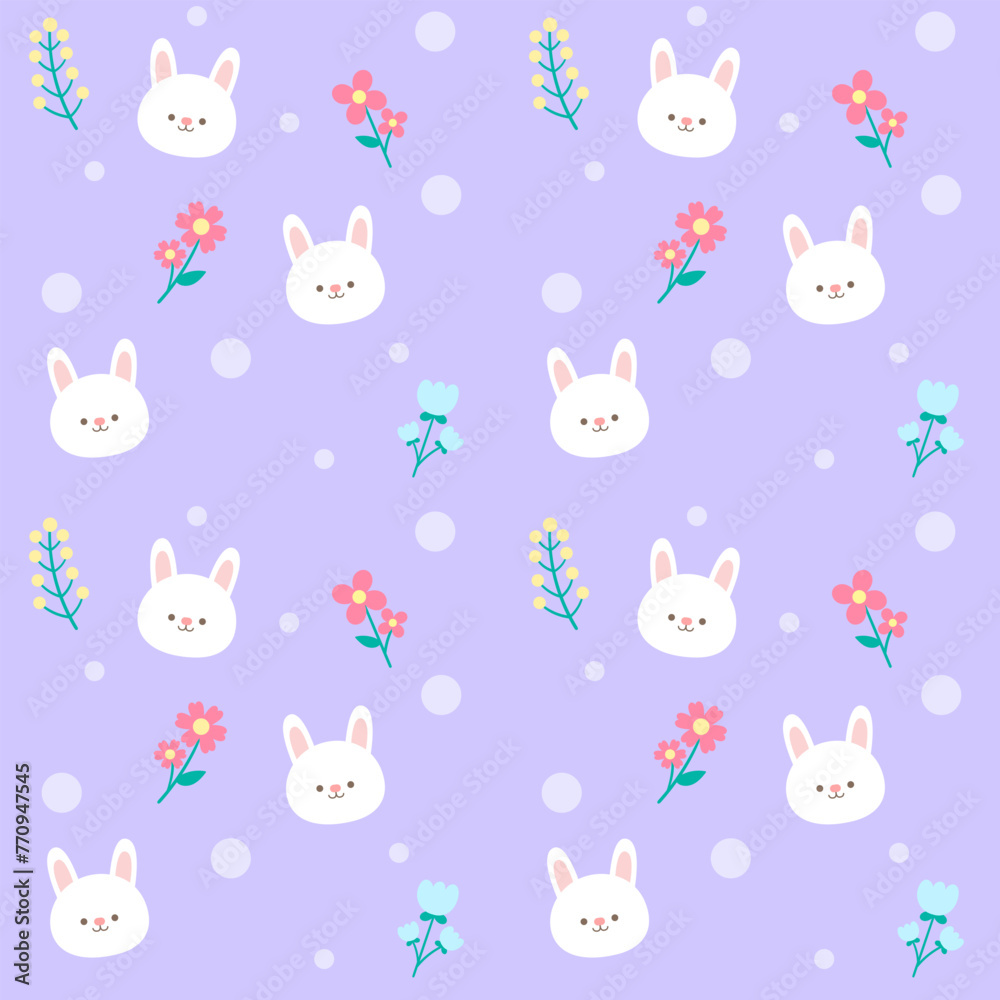 seamless kids pattern cute hand drawn bunny face in the garden light purple background vector illustration