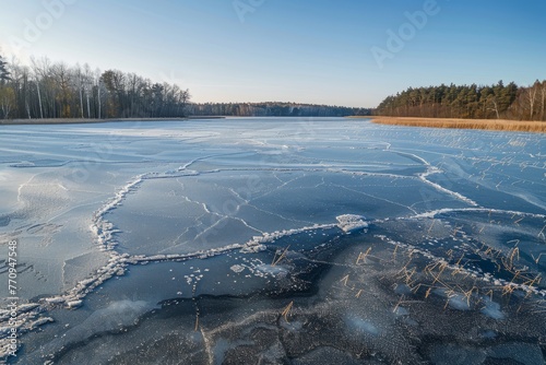 A wide-angle shot displaying a large body of frozen water with intricate frost patterns. The scene is framed by lush trees