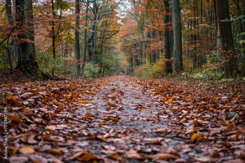 A wide-angle shot of a scenic forest path blanketed with fallen leaves, creating a tranquil and serene ambiance