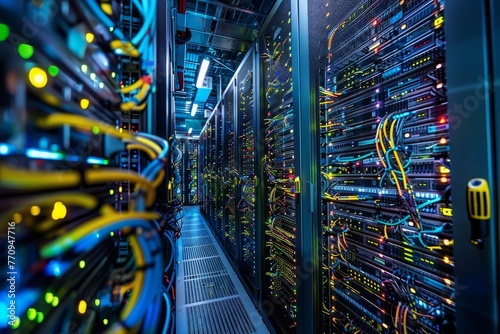 Rows of servers and networking equipment filling a data center, showcasing its scale and technology infrastructure