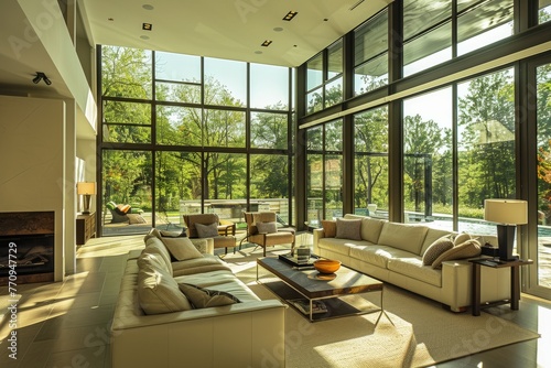 A wide-angle view of a modern living room filled with furniture and large floor-to-ceiling windows letting in abundant natural light