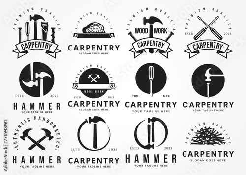 set bundle carpentry silhouette symbol icon vector. Woodworking retro vintage logo vector illustration design