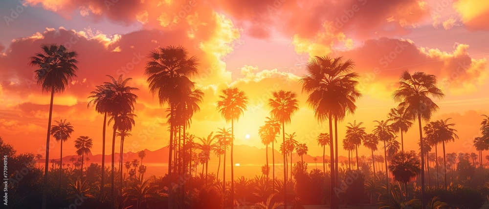 Sunny Los Angeles, palm trees silhouette, wide shot, golden hour for a laidback background , octane render