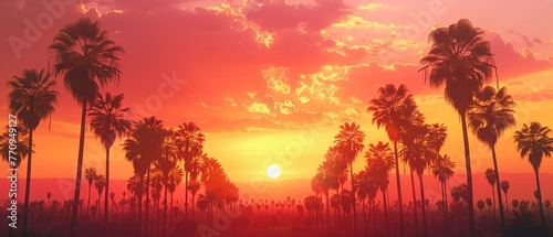 Sunny Los Angeles, palm trees silhouette, wide shot, golden hour for a laidback background , octane render photo