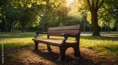 Generate an 8K image featuring a wooden bench situated in the midst of a tranquil park. The bench is weathered, its surface bearing the marks of time and use. Surrounding the bench are lush green tree