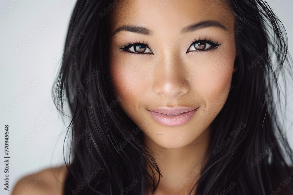 Portrait of a beautiful asian woman with long black hair and perfect dark smokey eye shadow smiling, with empty copy space Portrait of a beautiful asian woman with long black hair and perfect dark smokey eye shadow smiling, with empty copy space