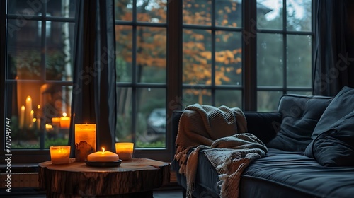 Couch with dark pads and tree stump foot stool with candles against window photo