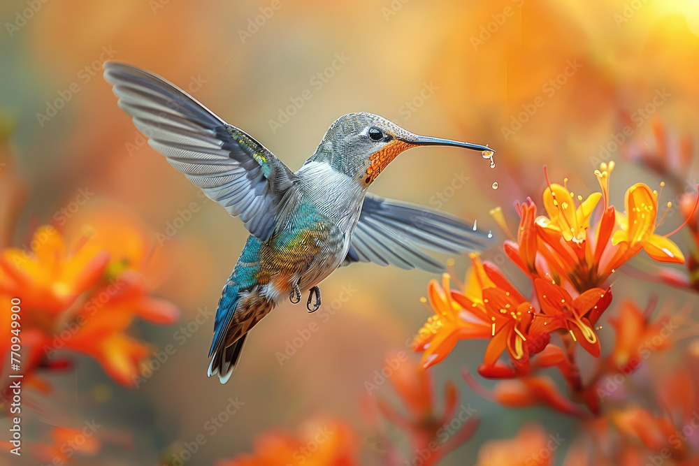 A hummingbird hovering in the air, drinking nectar from orange flowers, with its wings spread wide and colorful feathers. Created with Ai - obrazy, fototapety, plakaty 