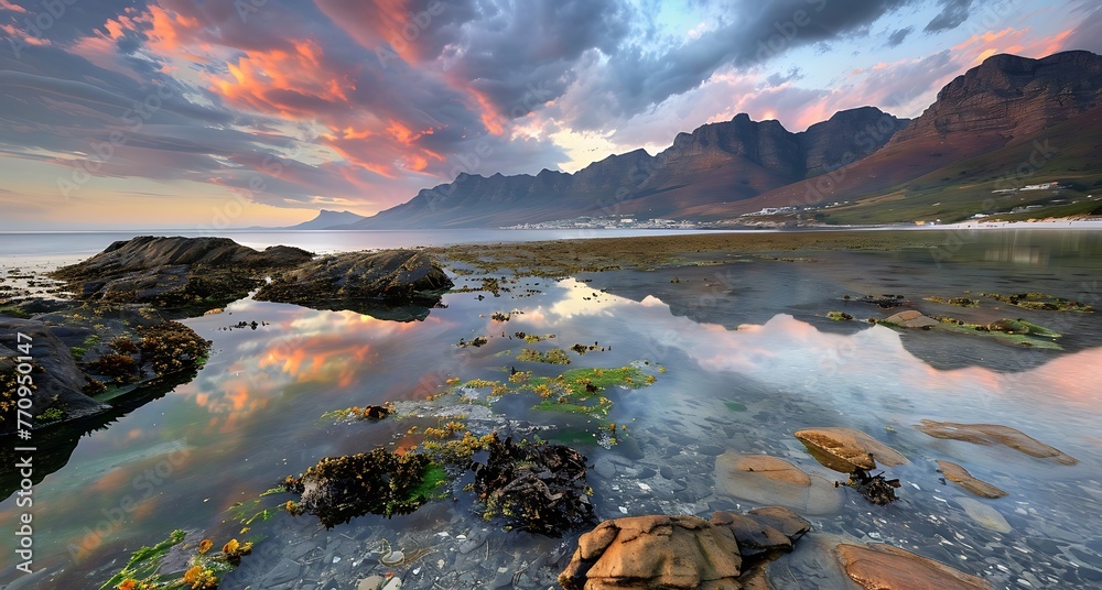 Fototapeta premium A beautiful view of Cape Towns famous camps bay at sunset showcasing the rocky coastline and dramatic mountains in the background, Coastline landscape - Generative AI