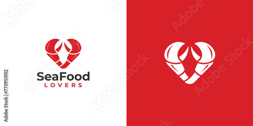 Creative Seafood Lovers Logo. Love and Claws Crab, Prawn, Lobster, Clawfish with Minimalist Style. Sea Food Logo Icon Symbol Vector Inspiration.