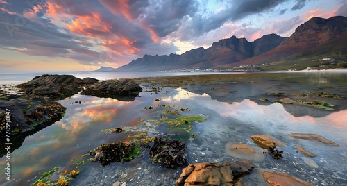 A beautiful view of Cape Towns famous camps bay at sunset showcasing the rocky coastline and dramatic mountains in the background, Coastline landscape - Generative AI photo