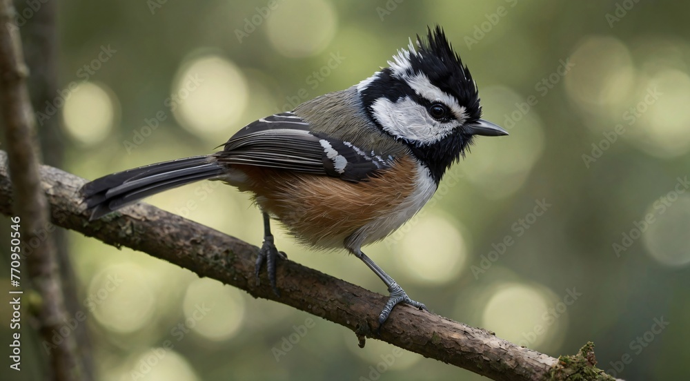 Obraz premium Black-crested tit perched on a mossy branch, small songbird with distinctive head feathers in a forest, wildlife photography of a bird in nature