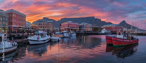 The beauty of Capetown. Leisure boats and traditional buildings Cape Town harbor with capturing the coastline of Iconic South Africa, Iconic peaceful dream vacation land. Generative AI