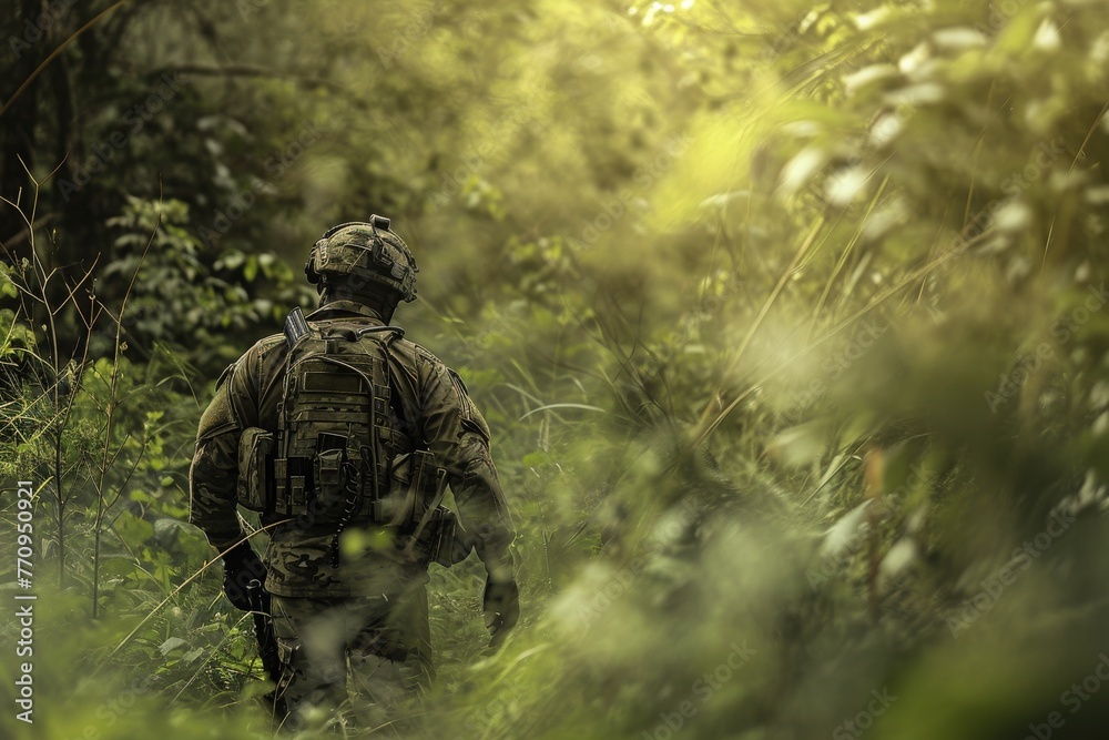 A man dressed in camouflage blends into the forest as he walks through the dense foliage, A lone special forces soldier separated from his team, navigating through dense wilderness, AI Generated