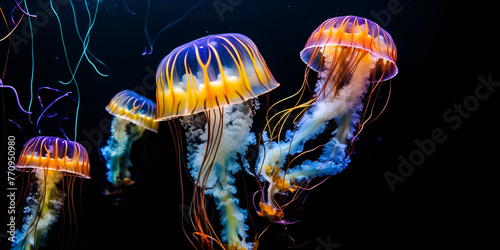 Medusas marinas brillantes sobre fondo oscuro
