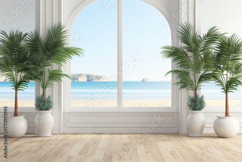 Beautiful view of snow-white beach from window with copy space, scenic sea landscape