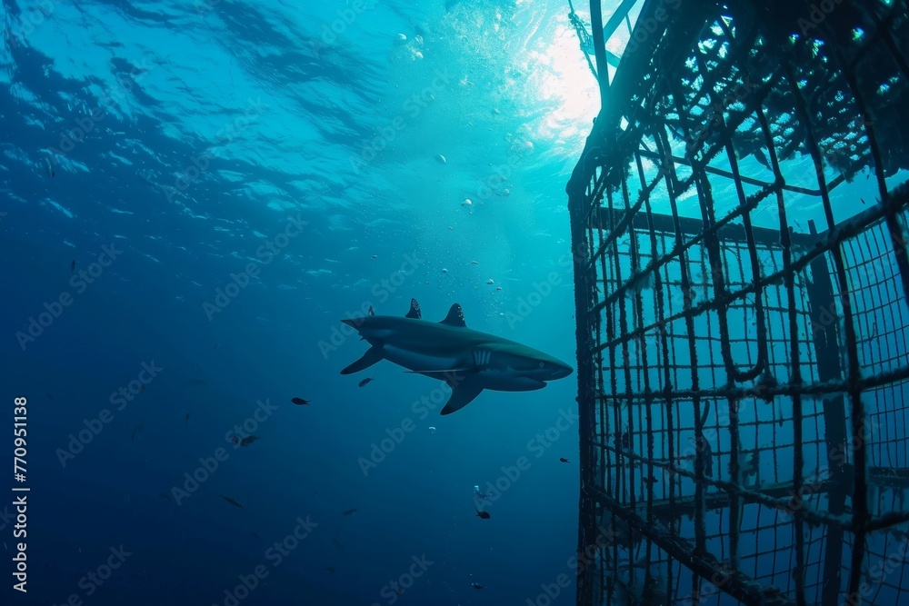 Fototapeta premium A massive shark effortlessly swims alongside a sturdy cage, creating a thrilling and intense underwater encounter, A lonely shark circling a fishing cage divers are peering through, AI Generated