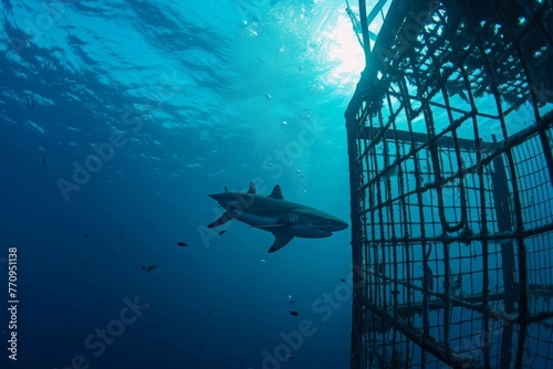 A massive shark effortlessly swims alongside a sturdy cage, creating a thrilling and intense underwater encounter, A lonely shark circling a fishing cage divers are peering through, AI Generated © Ifti Digital