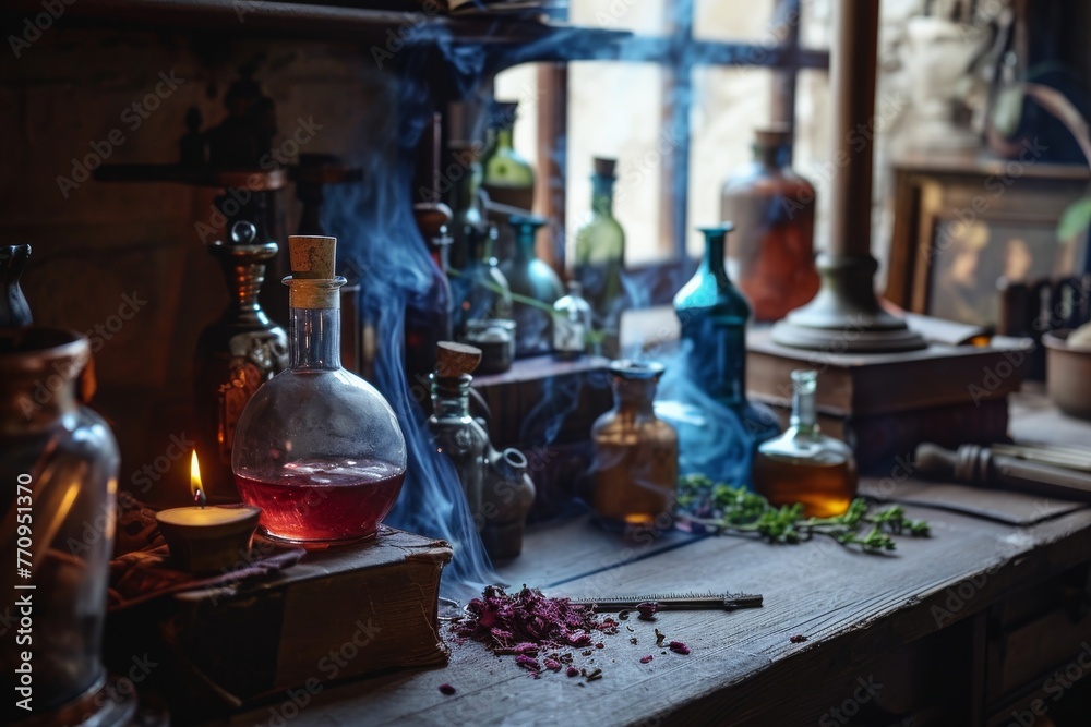 A table is covered with numerous bottles filled with different types of liquid, A love potion brewing in an antique apothecary, AI Generated