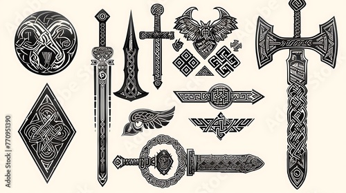 Viking design decorative celtic elements. Warrior vector graphics icons. Vikings warrior items in vector set DYI elements - Generative AI photo