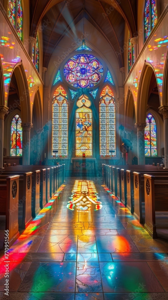 Obraz premium Illuminated interior view of a church with vibrant stained glass window reflections on the floor, emanating a serene spiritual atmosphere