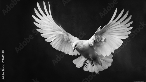 Elegant white dove soaring its feathers detailed and luminous contrasted dramatically with the deep black backdrop embodying freedom