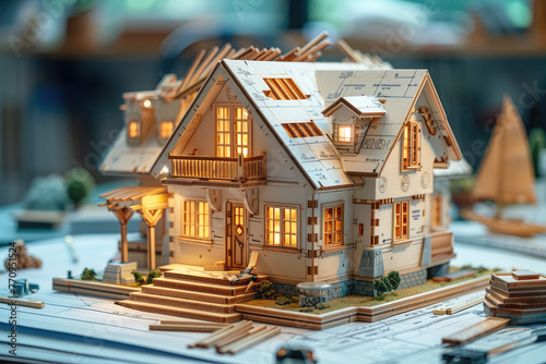 A wooden house model with lights on is placed in the center of an architectural drawing board, surrounded by building materials and tools. Created with Ai